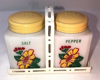 Vintage Milk Glass Salt And Pepper Shakers White With Flowers And Yellow Lids