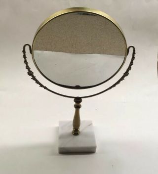 Vintage Gold Tone Makeup Beard Mirror Two Sided Marble Base 13” Tabletop