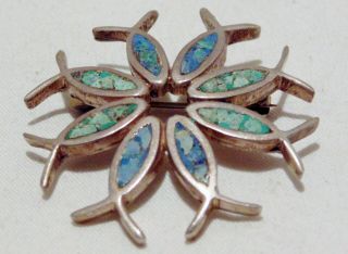 Vintage Taxco Signed Sterling Silver 925 Modernist Turquoise Fish Pin Brooch