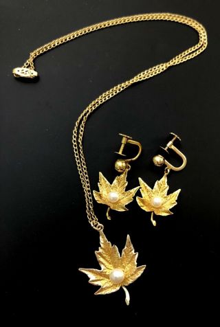 Vintage 10k Solid Yellow Gold & Pearl Maple Leaf Earrings & Necklace Set Houston