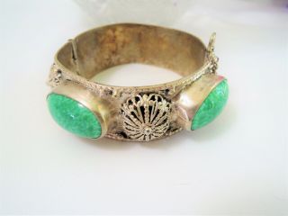 Unusual Vintage Green Art Glass Etruscan Motif Pin & Hinge Silver Bracelet