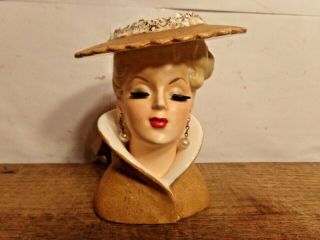 Vintage 1959 Napco Lady Head Vase C3815b Caramel Brown Hat & Dress