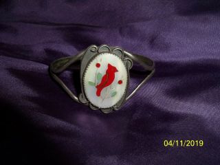 Vintage Native American Navajo Cardinal Inlay Bird Cuff Bracelet R Begay