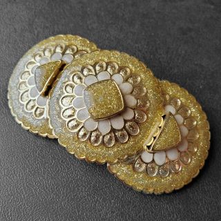 Signed Hr Paris Helena Rubinstein Vtg Gold Glitter Enamel Flower Brooch Pin W97