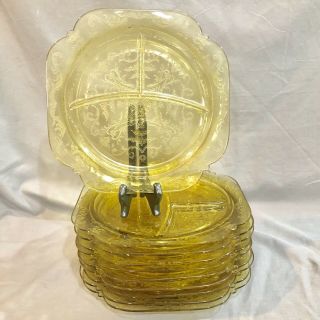 Vintage Federal Depression Glass Amber Yellow Madrid 10.  25 " Divided Plates