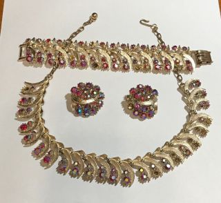 Art Signed Vintage Rhinestone Necklace,  Bracelet & Earrings Set For Repair