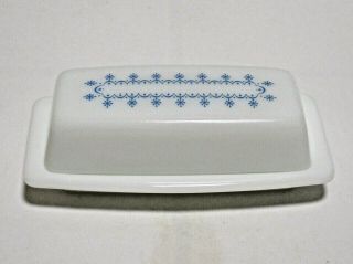 Vintage Pyrex Snowflake Garland Blue On White Covered Butter Dish Winter 72 - B