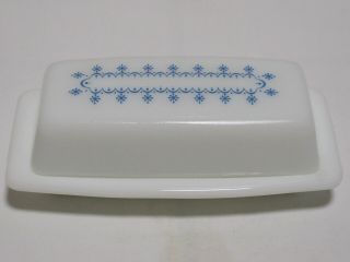 Vintage Pyrex Snowflake Garland Blue on White Covered Butter Dish Winter 72 - B 3
