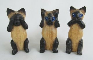 Vintage Painted Wood See Hear Speak No Evil Siamese Cat Figurine Trio - Cute