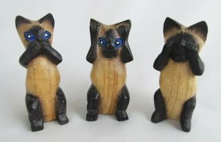 Vintage Painted Wood See Hear Speak No Evil Siamese Cat Figurine Trio - Cute 4