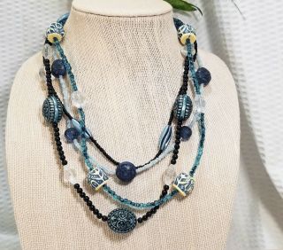 Vintage Shades Of Blue Tribal Bead Multi Strand Station Necklace