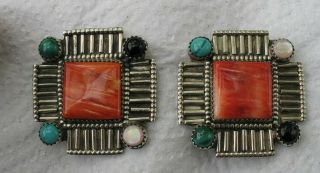 Vintage Navajo Signed M Payton Sterling Silver & Red Turquoise Stones Earrings