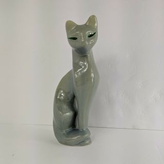 Cat Figurine Vintage Mid Century Modern Mcm Ceramic Gray Green Eyes 11.  5 Inches