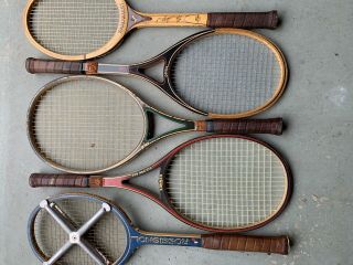 5 Vintage Pro Line Tennis Rackets.  Including A Prince Woodie.