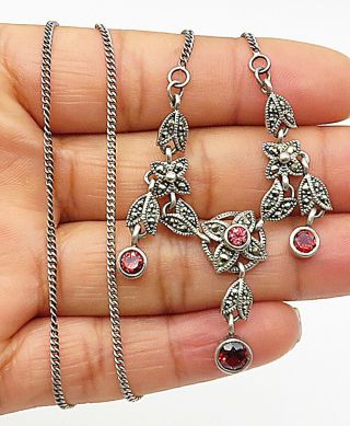 925 Silver - Vintage Garnet & Marcasite Floral Leaf Dangle Chain Necklace - N2036