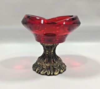 Vintage Viking Art Glass Ruby Red Ash Tray Trinket Dish With Footed Brass Base