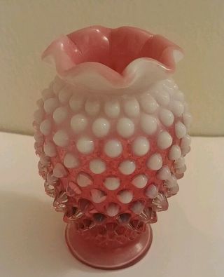 Vtg Fenton Hobnail Glass Vase Cranberry Opalescent Crimped Fluted Ruffle Rim 4 "