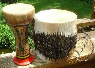 1 Vintage African Goat Skin Fur Drum,  1 Morocco Bongo Clay Ceramic Drum Circle