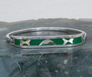 Mexican Alpaca Silver 6 - 5/8 " Green Vintage Hinged Bracelet Enamel Abalone Ee18