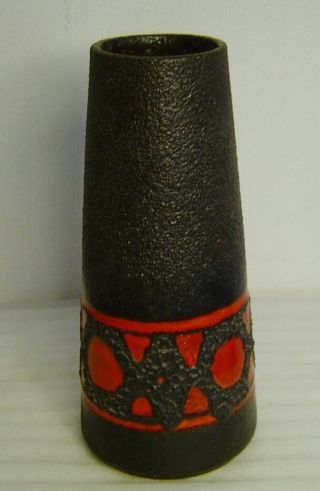 Large Vtg 60/70s Black Lava Glaze Pottery Vase With Red Pattern
