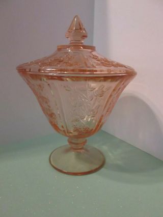 Vintage Federal Glass Sharon Cabbage Rose Pink Depression Candy Dish With Lid