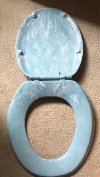 Vintage Blue Pearl Marbled Toilet Seat Standard Round Mid Century 2