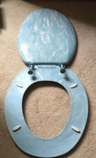 Vintage Blue Pearl Marbled Toilet Seat Standard Round Mid Century 3