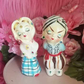 Vintage Salt And Pepper Shakers.  Girl/boy With Gems