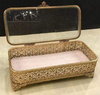 Vintage Brass Ormolu Filigree Footed Jewelry Trinket Box Casket Jeweled Lid