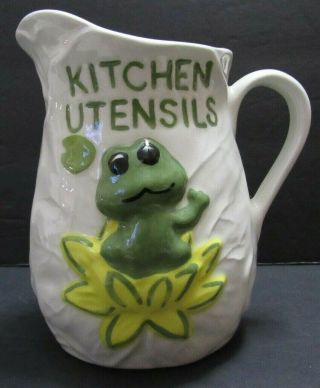 Vtg Frog Kitchen Utensils Holder Ceramic 1970s Hand Painted 3 Dimensional