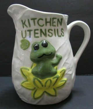 Vtg Frog Kitchen Utensils Holder Ceramic 1970s Hand Painted 3 Dimensional 2