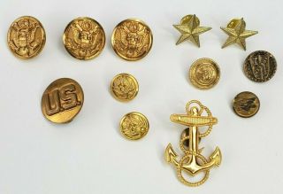 12 Vtg U.  S.  Military Buttons & Pins - Wwii Army,  Air Force,  10k Gold Navy Eagle