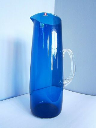 Huge Vintage 60s Timo Sarpaneva Iittala Finland Blue I Glass Carafe Pitcher Jug