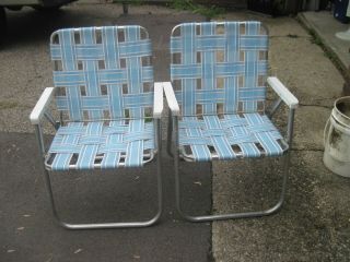 Vintage Sunbeam Aluminum Folding Webbed Lawn Chairs Blue And White