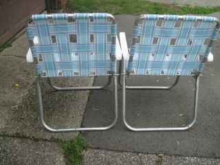 Vintage SUNBEAM Aluminum Folding WEBBED Lawn Chairs BLUE and WHITE 2