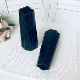 2 Vintage Black Amethyst Glass Vases Art Deco Style 6.  5 " Mantle Pair