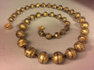 Vintage Murano Venetian Gold Glass Beaded Necklace,  24 3/4” Long