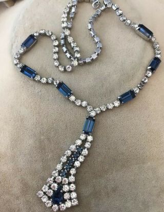 Vintage Jewellery Art Deco Sapphire Blue Crystal Pendant Necklace