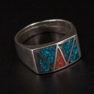 Vtg Sterling Silver - Navajo Turquoise Coral Inlay Ring Size 8.  5 - 6.  5g