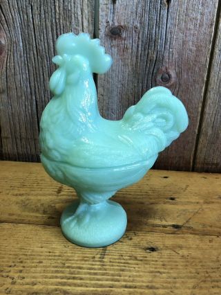 Vintage Styled Jadeite Green Colored Rooster On Nest - Hen On Nest Candy Dish