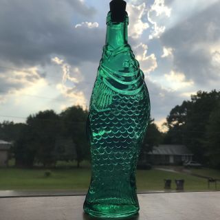 Vtg Glass Fish Wine Bottle With Cork Green Blue Turquoise Decanter