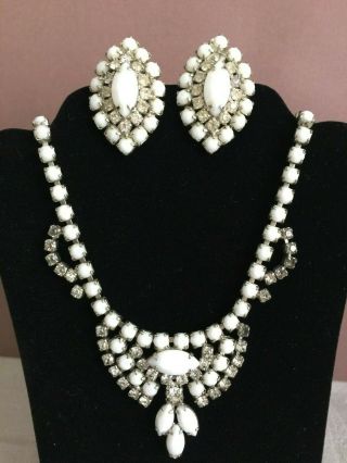 1950s Vtg Elaborate White Milk Glass & Rhinestone Necklace & Clip Earrings Set