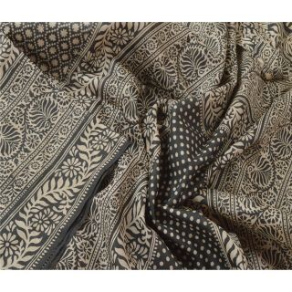 Sanskriti Vintage Black Saree 100 Pure Silk Printed Craft 5 Yard Fabric Sari