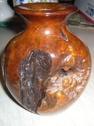 Burl Wood Bud Vase 5 1/4 " With Glass Insert Vintage 1974