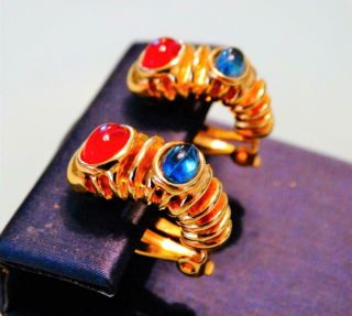 Vtg 80s Givenchy Rich Gold Ribbed Gripoix Cabochon Ruby Sapphire Shrimp Earrings