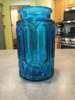 Vtg Le Smith Moon And Stars Turquoise Blue Canister Cookie Apothecary Jar 9.  5 "