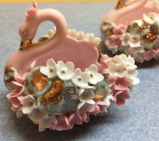 2 Vintage Lefton Pink Ceramic Swan Dish W/ Applied Flowers K8277 2.  5 " Tall