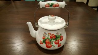 Vintage Country Red Strawberry White Enamel Coated Tea Pot Kettle With Handle 3