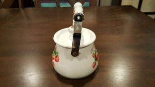Vintage Country Red Strawberry White Enamel Coated Tea Pot Kettle With Handle 4