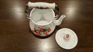 Vintage Country Red Strawberry White Enamel Coated Tea Pot Kettle With Handle 5